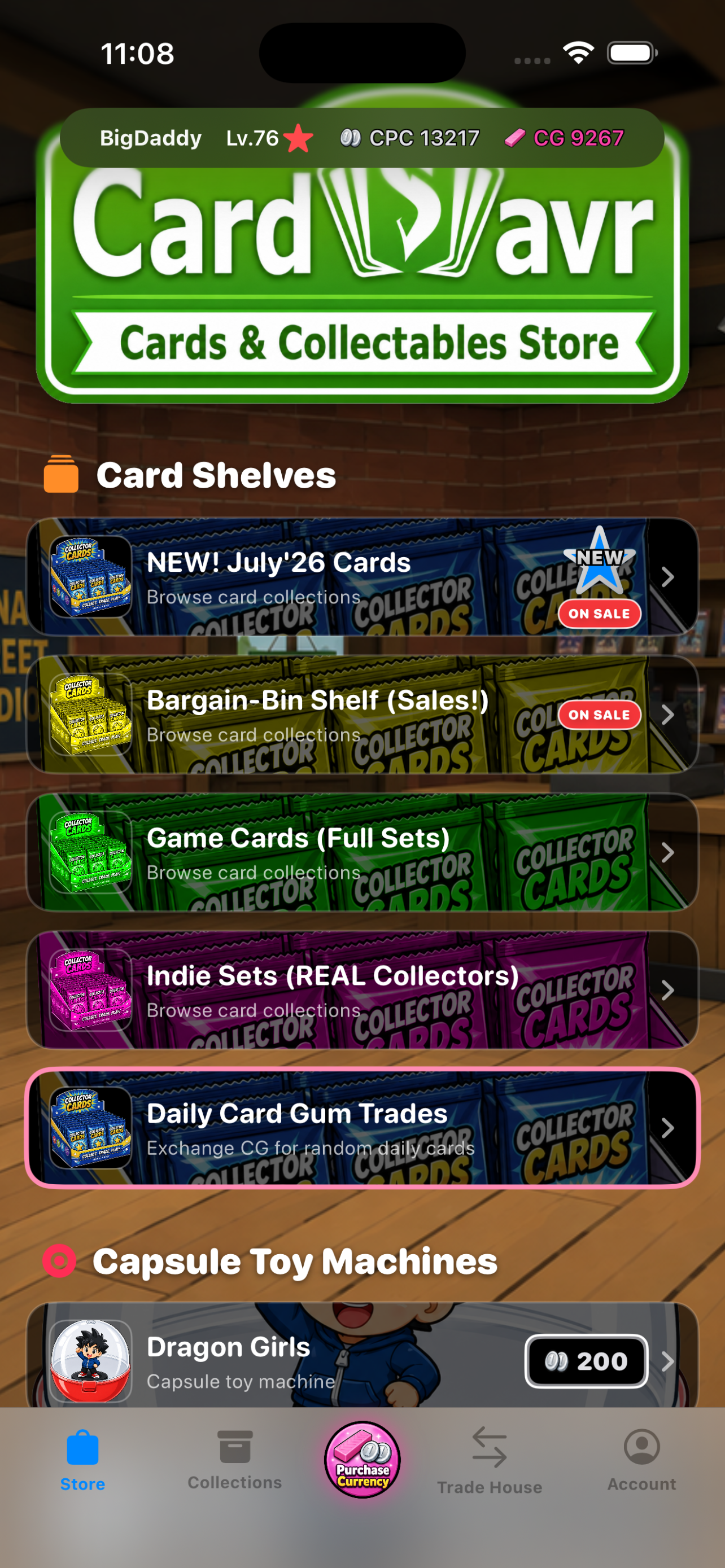 CardSavr store showing themed card shelves and collectible machines